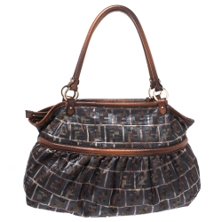 Pre Owned Fendi Dark Grey/Bronze Zucca Nylon and Lizard Embossed Leather Trim Large Chef Tote