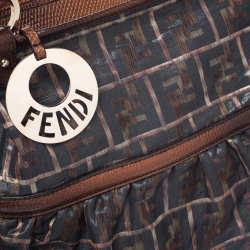 Pre Owned Fendi Dark Grey/Bronze Zucca Nylon and Lizard Embossed Leather Trim Large Chef Tote