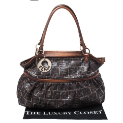 Pre Owned Fendi Dark Grey/Bronze Zucca Nylon and Lizard Embossed Leather Trim Large Chef Tote