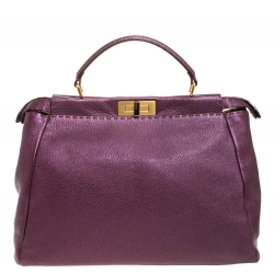 Pre Owned Fendi Purple Selleria Leather Large Peekaboo Top Handle Bag