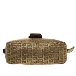 Pre Owned Fendi Gold Zucchino Canvas and Leather Mama Baguette Shoulder Bag