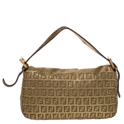 Pre Owned Fendi Gold Zucchino Canvas and Leather Mama Baguette Shoulder Bag