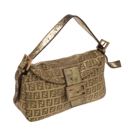 Pre Owned Fendi Gold Zucchino Canvas and Leather Mama Baguette Shoulder Bag