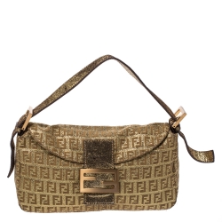 Pre Owned Fendi Gold Zucchino Canvas and Leather Mama Baguette Shoulder Bag