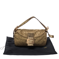 Pre Owned Fendi Gold Zucchino Canvas and Leather Mama Baguette Shoulder Bag
