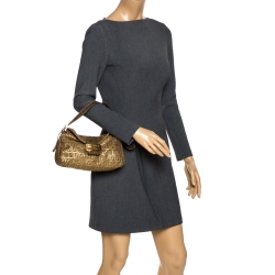Pre Owned Fendi Gold Zucchino Canvas and Leather Mama Baguette Shoulder Bag