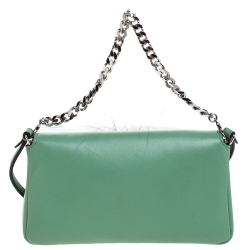 Fendi Green Leather and Fur Trim Micro Buggie Baguette Shoulder Bag