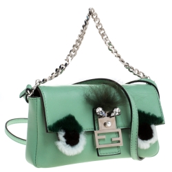 Fendi Green Leather and Fur Trim Micro Buggie Baguette Shoulder Bag