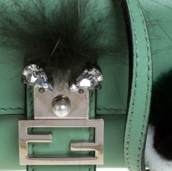 Fendi Green Leather and Fur Trim Micro Buggie Baguette Shoulder Bag
