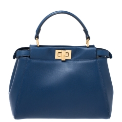 Pre Owned Fendi Blue Leather Mini Peekaboo Top Handle Bag