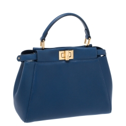Pre Owned Fendi Blue Leather Mini Peekaboo Top Handle Bag