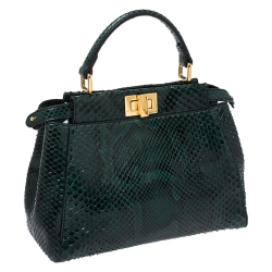 Pre Owned Fendi Green Python Mini Peekaboo Top Handle Bag