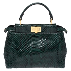 Pre Owned Fendi Green Python Mini Peekaboo Top Handle Bag