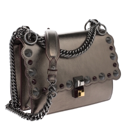 Pre Owned Fendi Metallic Leather Studded Mini Kan I Chain Shoulder Bag