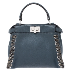 Pre Owned Fendi Blue Selleria Leather and Python Mini Peekaboo Top Handle Bag