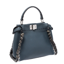 Pre Owned Fendi Blue Selleria Leather and Python Mini Peekaboo Top Handle Bag