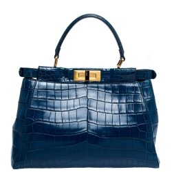 Pre Owned Fendi Blue Crocodile Medium Peekaboo Top Handle Bag