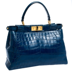 Pre Owned Fendi Blue Crocodile Medium Peekaboo Top Handle Bag