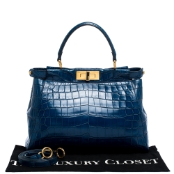 Pre Owned Fendi Blue Crocodile Medium Peekaboo Top Handle Bag