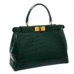 Pre Owned Fendi Green Crocodile Medium Peekaboo Top Handle Bag