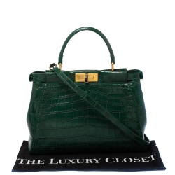Pre Owned Fendi Green Crocodile Medium Peekaboo Top Handle Bag