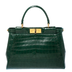 Pre Owned Fendi Green Crocodile Medium Peekaboo Top Handle Bag