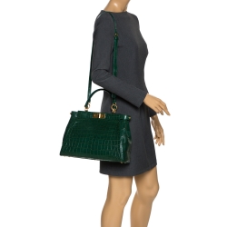 Pre Owned Fendi Green Crocodile Medium Peekaboo Top Handle Bag