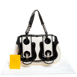 Pre Owned Fendi Cream/Black Canvas and Patent Leather B Shoulder Bag