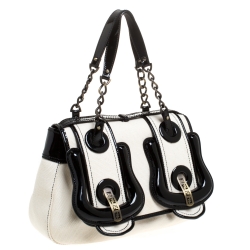 Pre Owned Fendi Cream/Black Canvas and Patent Leather B Shoulder Bag