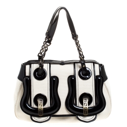 Pre Owned Fendi Cream/Black Canvas and Patent Leather B Shoulder Bag