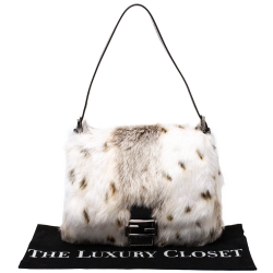 Pre Owned Fendi White/Brown Rabbit Fur and Leather Baguette Bag