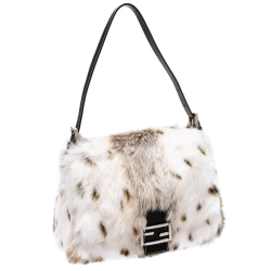 Pre Owned Fendi White/Brown Rabbit Fur and Leather Baguette Bag