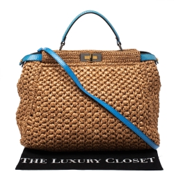 Pre Owned Fendi Light Brown/Blue Rafia and Snakeskin Trim Large Peekaboo Top Handle Bag