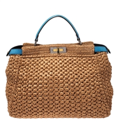 Pre Owned Fendi Light Brown/Blue Rafia and Snakeskin Trim Large Peekaboo Top Handle Bag