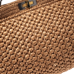 Pre Owned Fendi Light Brown/Blue Rafia and Snakeskin Trim Large Peekaboo Top Handle Bag