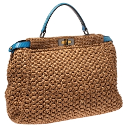Pre Owned Fendi Light Brown/Blue Rafia and Snakeskin Trim Large Peekaboo Top Handle Bag