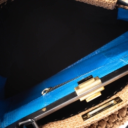Pre Owned Fendi Light Brown/Blue Rafia and Snakeskin Trim Large Peekaboo Top Handle Bag