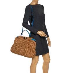 Pre Owned Fendi Light Brown/Blue Rafia and Snakeskin Trim Large Peekaboo Top Handle Bag