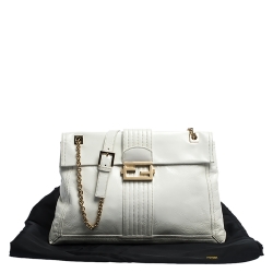 Pre Owned Fendi White Leather Maxi Baguette Flap Shoulder Bag