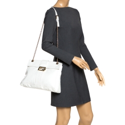 Pre Owned Fendi White Leather Maxi Baguette Flap Shoulder Bag