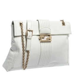Pre Owned Fendi White Leather Maxi Baguette Flap Shoulder Bag