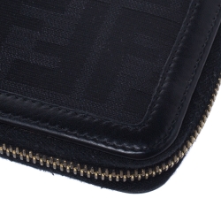 Pre Owned Fendi Black Zucca  Canvas and Leather Zip Around Continental Wallet