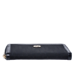 Pre Owned Fendi Black Zucca  Canvas and Leather Zip Around Continental Wallet