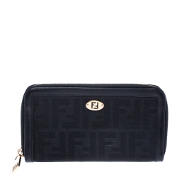 Pre Owned Fendi Black Zucca  Canvas and Leather Zip Around Continental Wallet