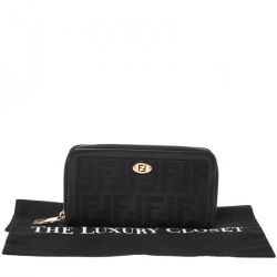 Pre Owned Fendi Black Zucca  Canvas and Leather Zip Around Continental Wallet