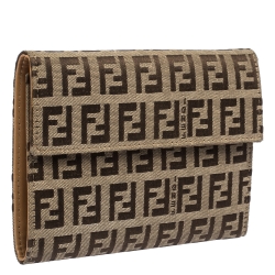 Pre Owned Fendi Beige Zucchino Canvas Trifold Compact Wallet