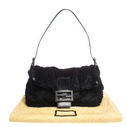 Pre Owned Fendi Black Fur Mamma Baguette Bag