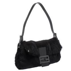 Pre Owned Fendi Black Fur Mamma Baguette Bag