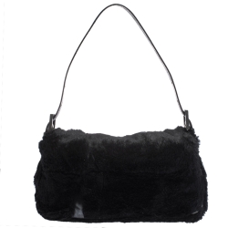 Pre Owned Fendi Black Fur Mamma Baguette Bag
