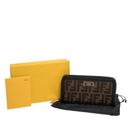 Pre Owned Fendi Brown/Black Zucca Canvas and Leather Zip Around Wallet